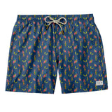 Navy men's swim trunks featuring digital crazy animals graphics print.