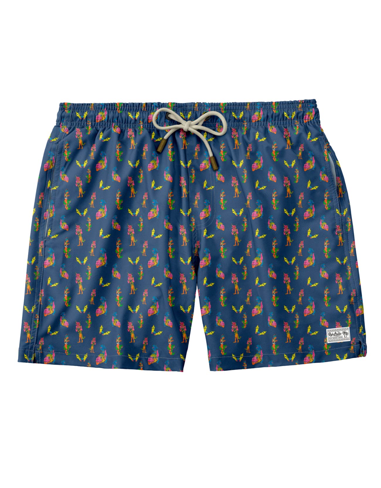 Navy men's swim trunks featuring digital crazy animals graphics print.