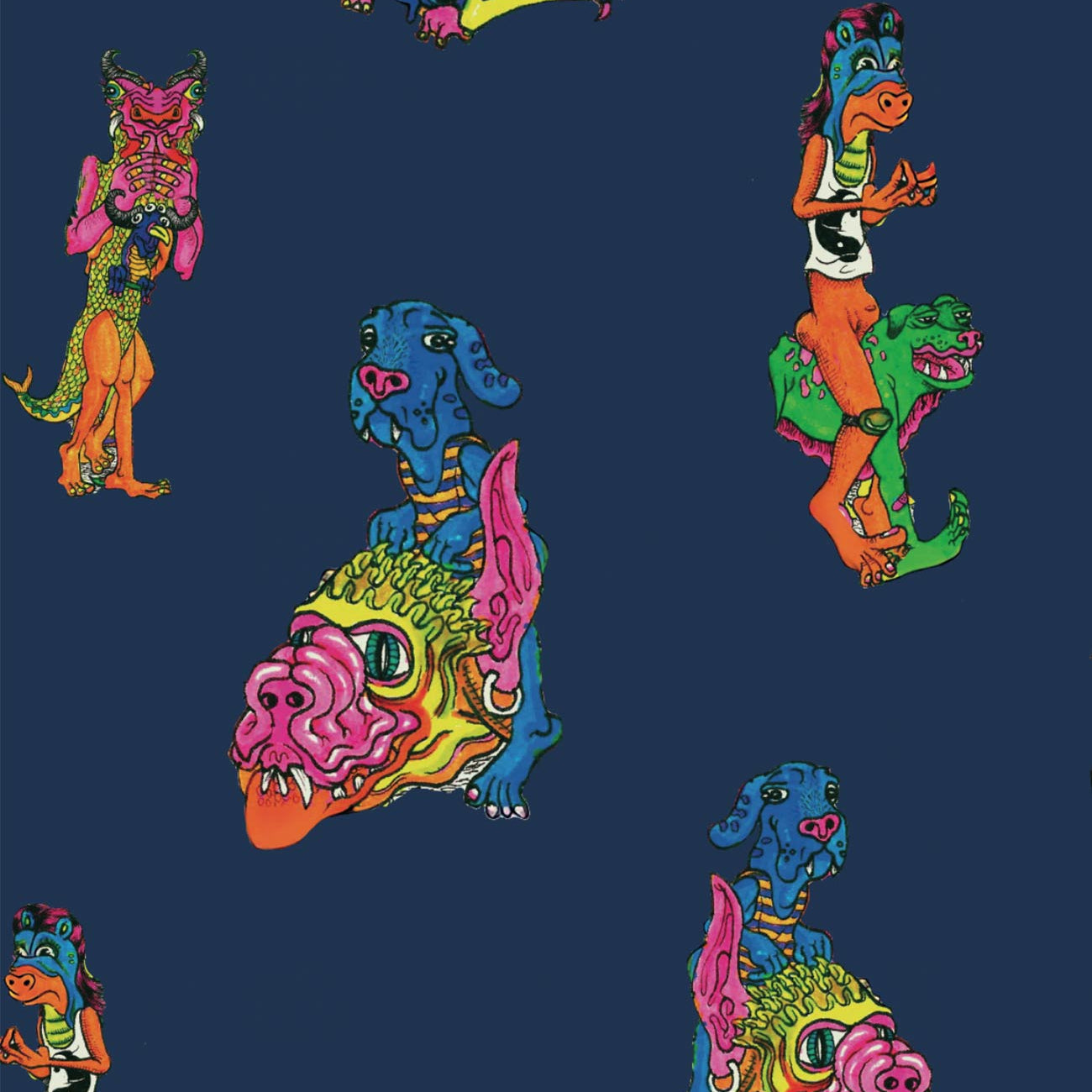 Navy men's swim trunks featuring digital crazy animals graphics print.