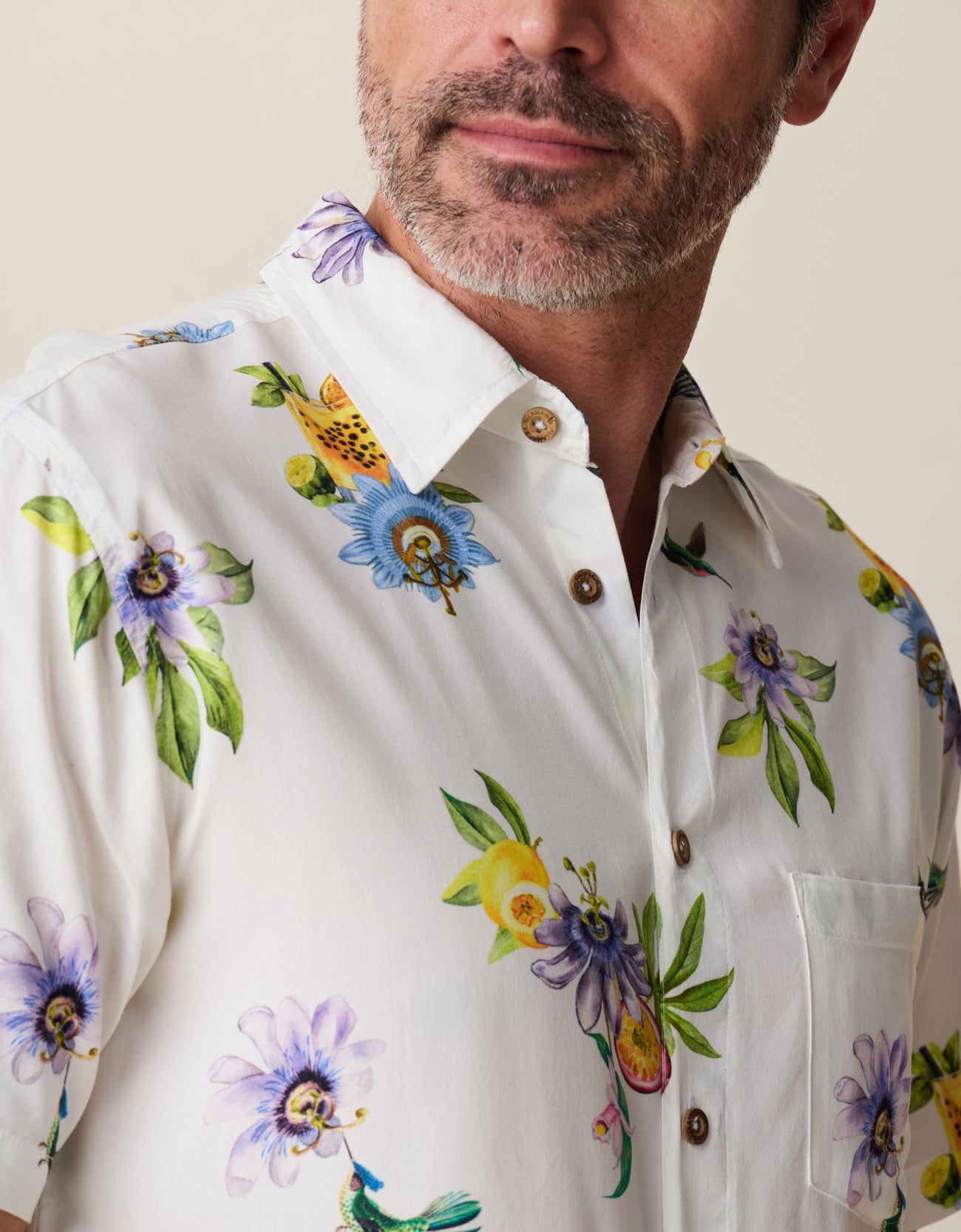 Baja Llama floral button-up fabric close-up
