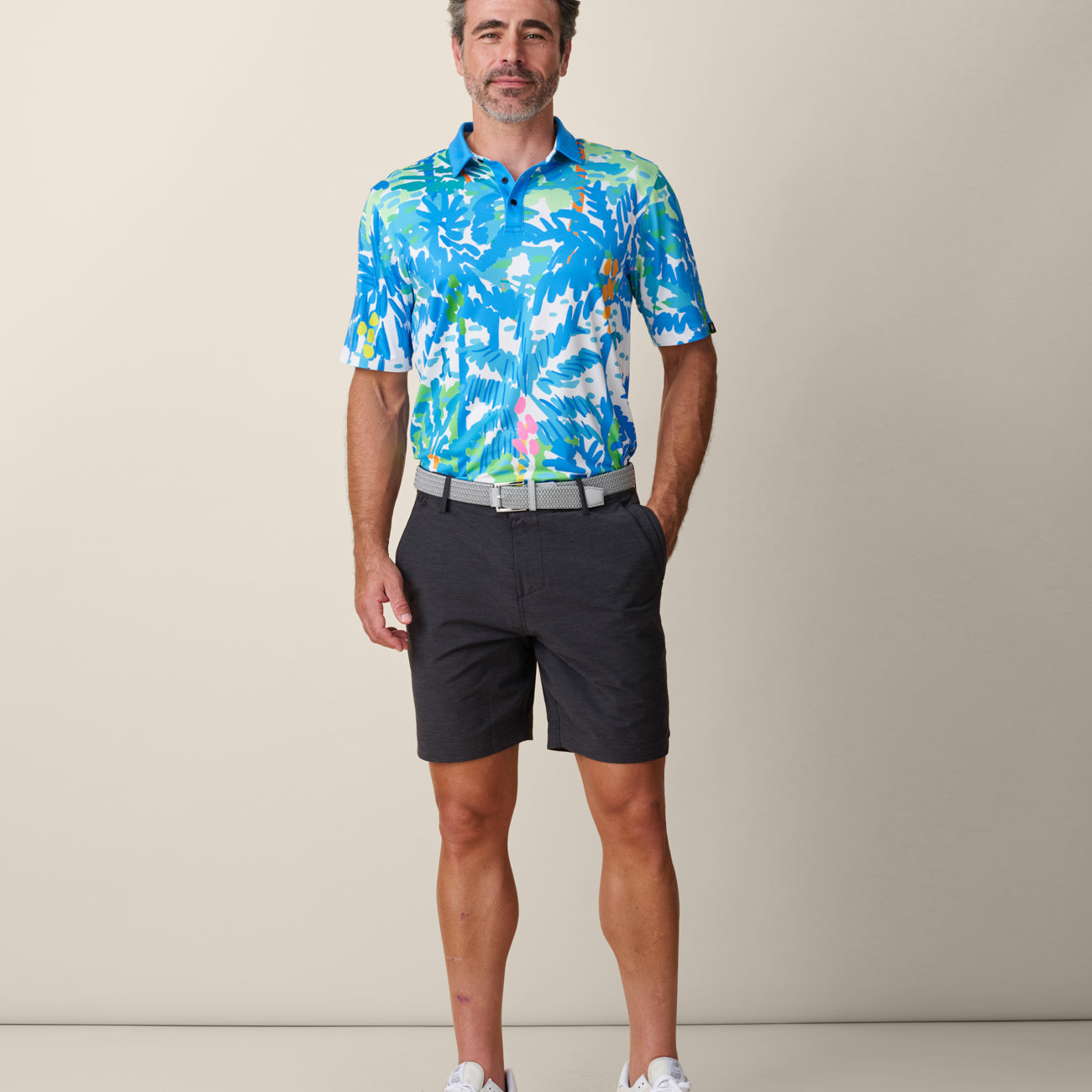 Men’s tropical performance golf polo blue green
