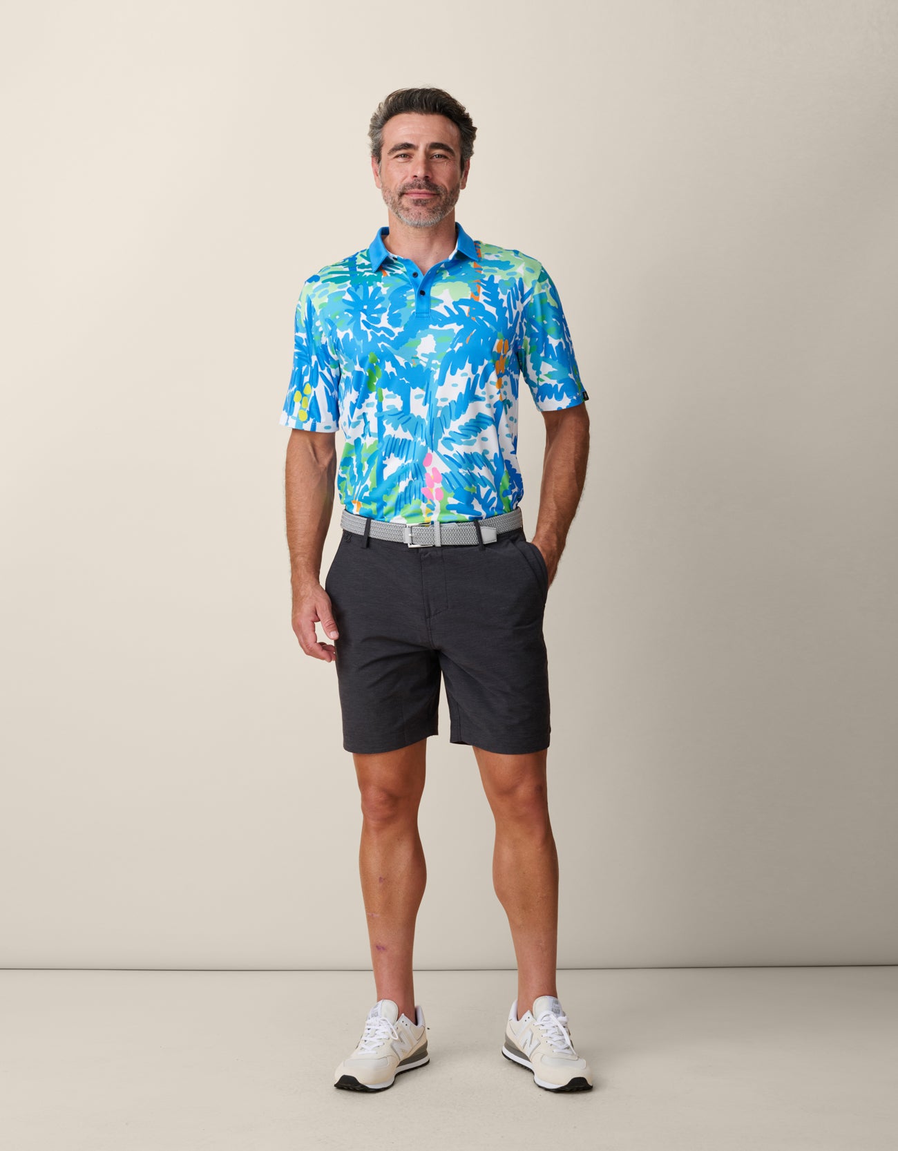Men’s tropical performance golf polo blue green
