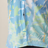 Detailed view of pastel palm print on perforated stretch fabric
