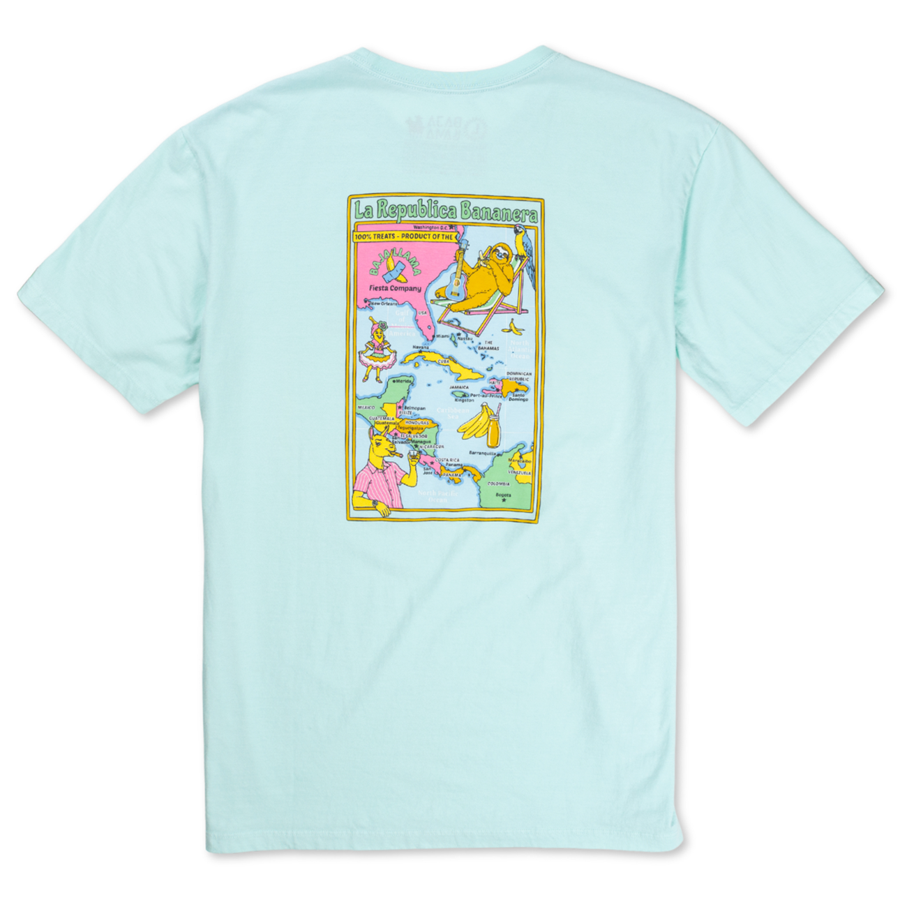 La Republica Bananera icy mint graphic tee by Baja Llama featuring colorful tropical cartoon map with monkeys, bananas, and playful fiesta theme