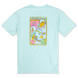 La Republica Bananera icy mint graphic tee by Baja Llama featuring colorful tropical cartoon map with monkeys, bananas, and playful fiesta theme