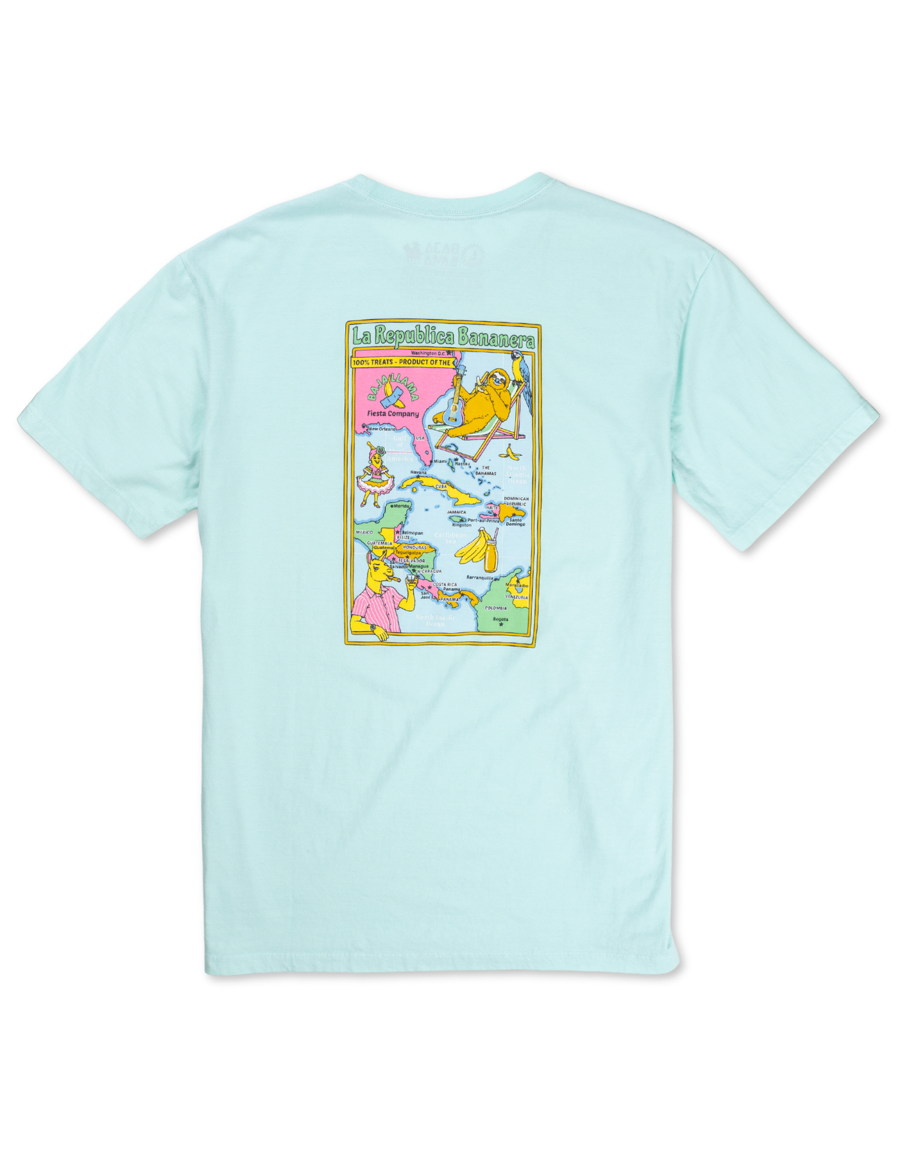 La Republica Bananera icy mint graphic tee by Baja Llama featuring colorful tropical cartoon map with monkeys, bananas, and playful fiesta theme