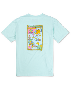 La Republica Bananera icy mint graphic tee by Baja Llama featuring colorful tropical cartoon map with monkeys, bananas, and playful fiesta theme