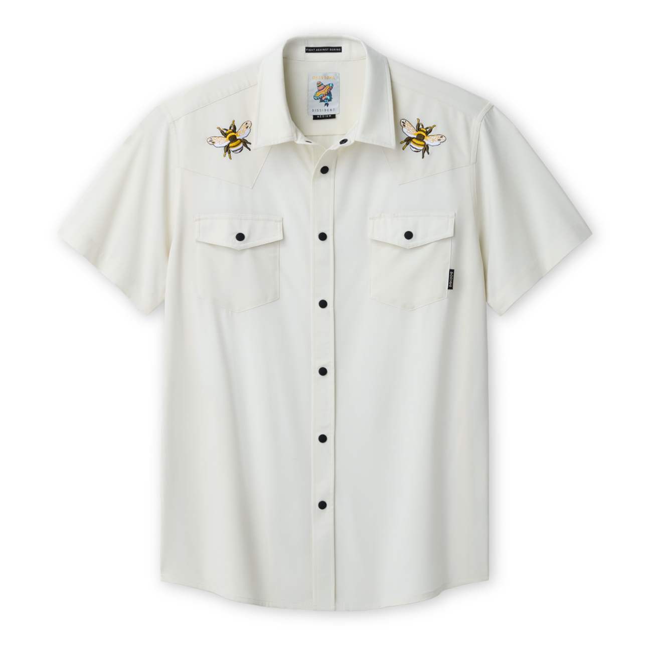 White short-sleeve shirt with bee embroidered designs on a white background