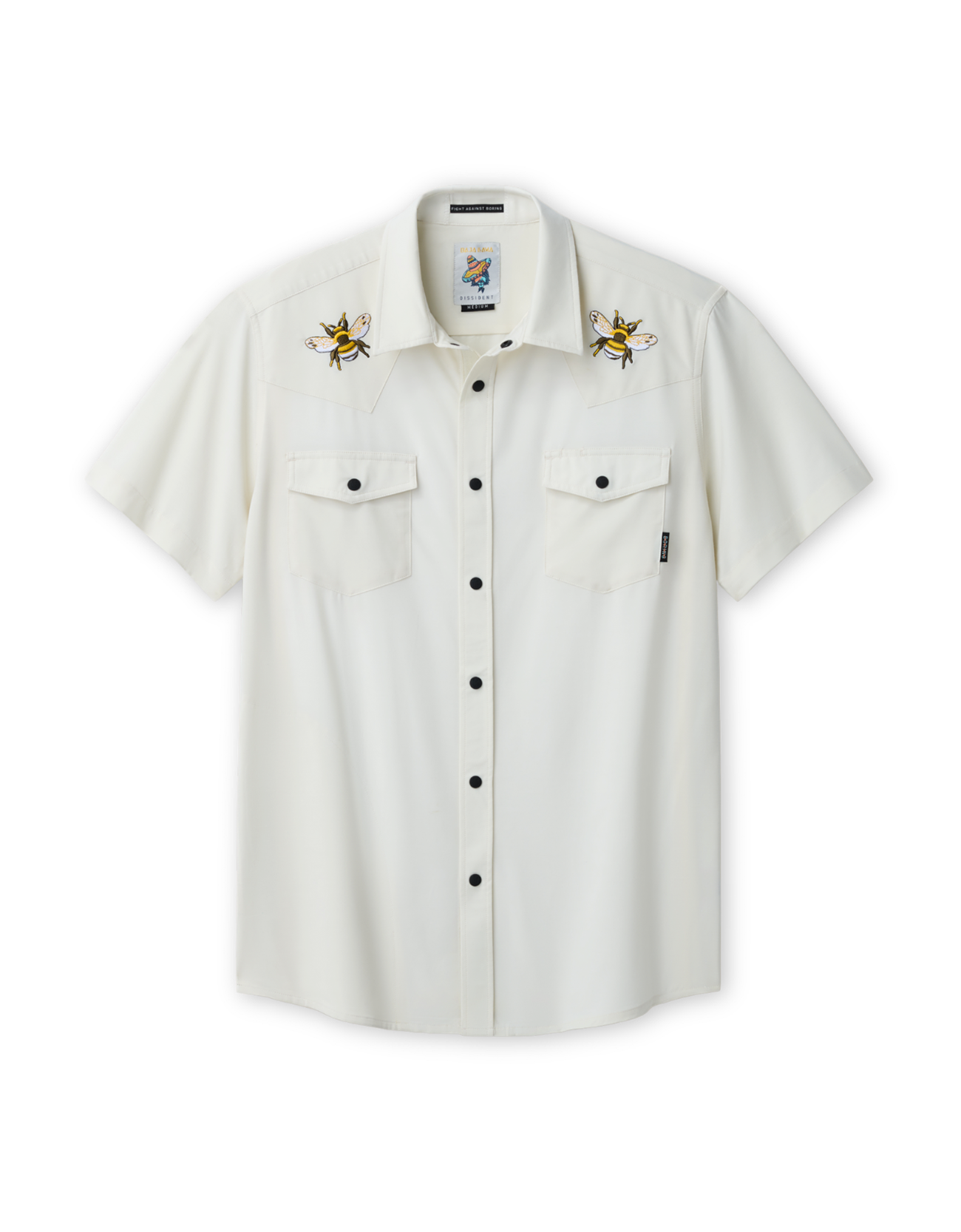 White short-sleeve shirt with bee embroidered designs on a white background