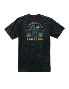 Bad Decisions graphic tee by Baja Llama. This black acid wash tee features a bold and edgy illustration of a teal cactus with a mustache drinking out of a bottle, showcasing a fun 'Bad Decisions' theme. Made with soft, comfortable fabric and a relaxed fit for a casual, adventurous vibe.