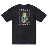 Agave El Sativo acid wash black graphic tee by Baja Llama. Collaboration with El Sativo organic tequila featuring a bold teal agave plant with El Sativo branding. Soft fabric and relaxed fit for adventurous style.