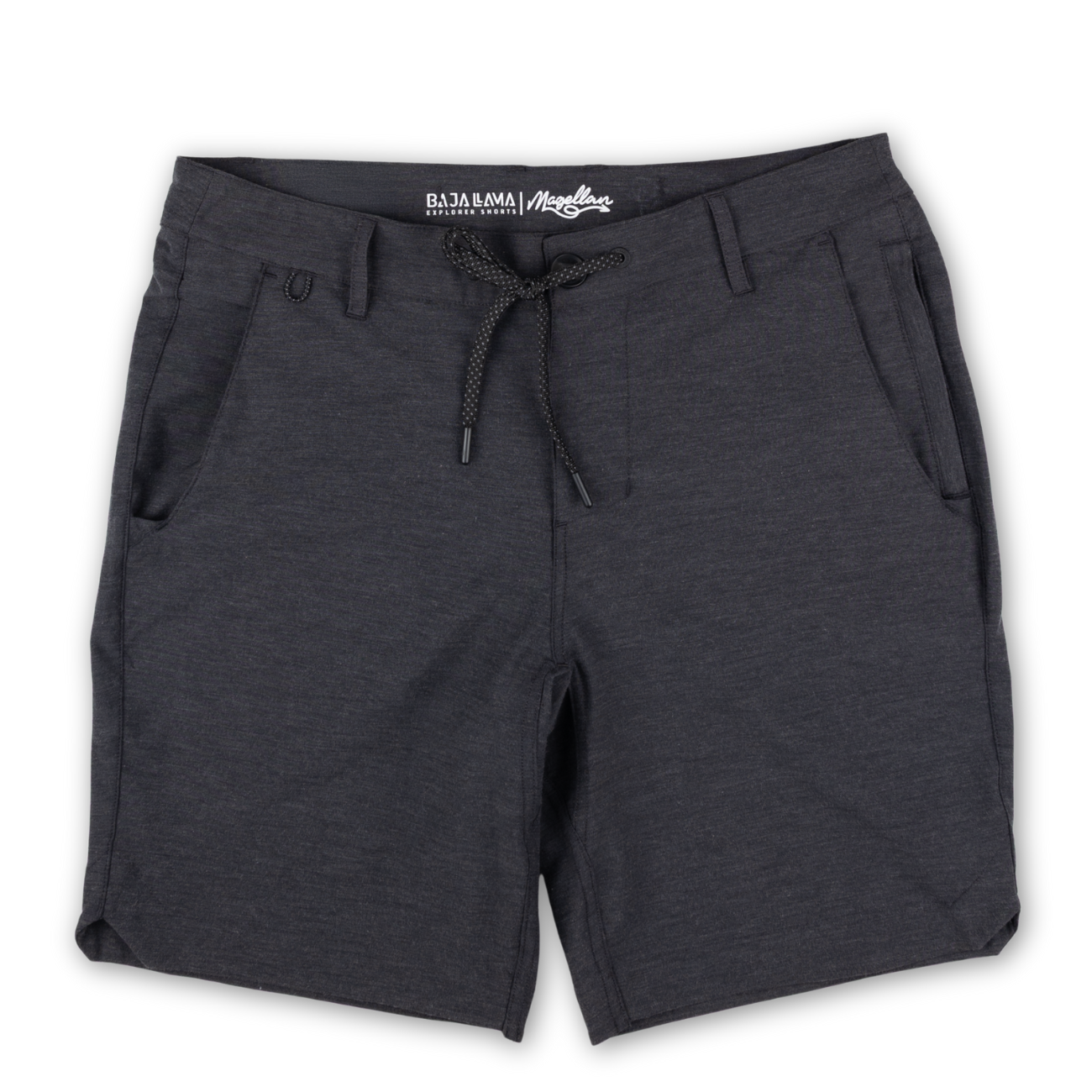 Baja Llama stretchy black hybrid shorts with drawstring waist, perfect for travel and everyday wear.