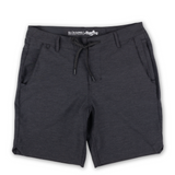 Baja Llama stretchy black hybrid shorts with drawstring waist, perfect for travel and everyday wear.