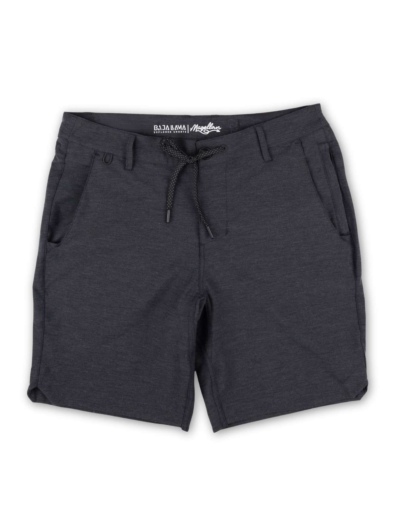 Baja Llama stretchy black hybrid shorts with drawstring waist, perfect for travel and everyday wear.