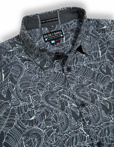 Baja Llama Black and white Mongoose vs Cobra Print Recycled Poly stretch short sleeve button up shirt