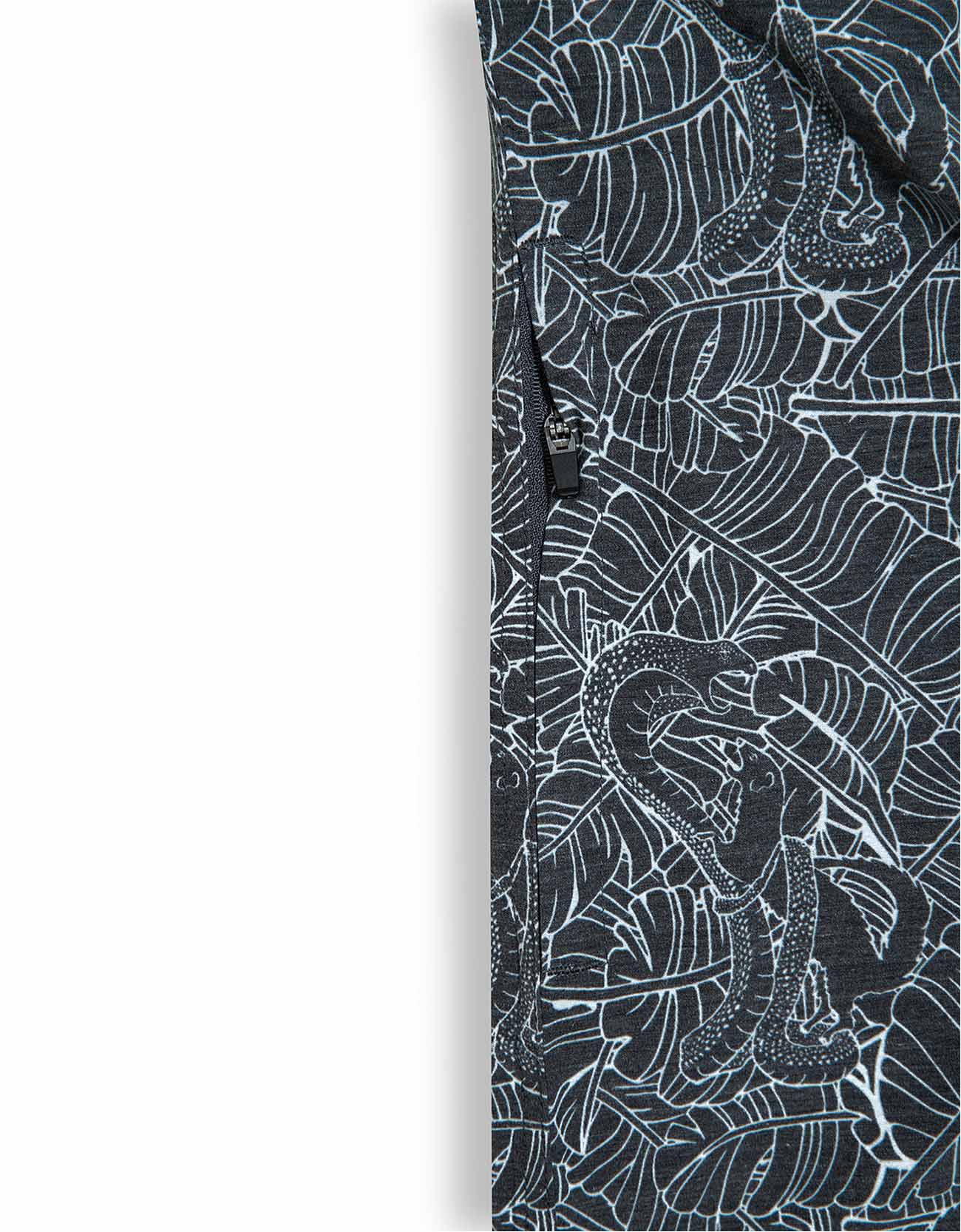 Baja Llama Black and white Mongoose vs Cobra Print Recycled Poly stretch short sleeve button up shirt