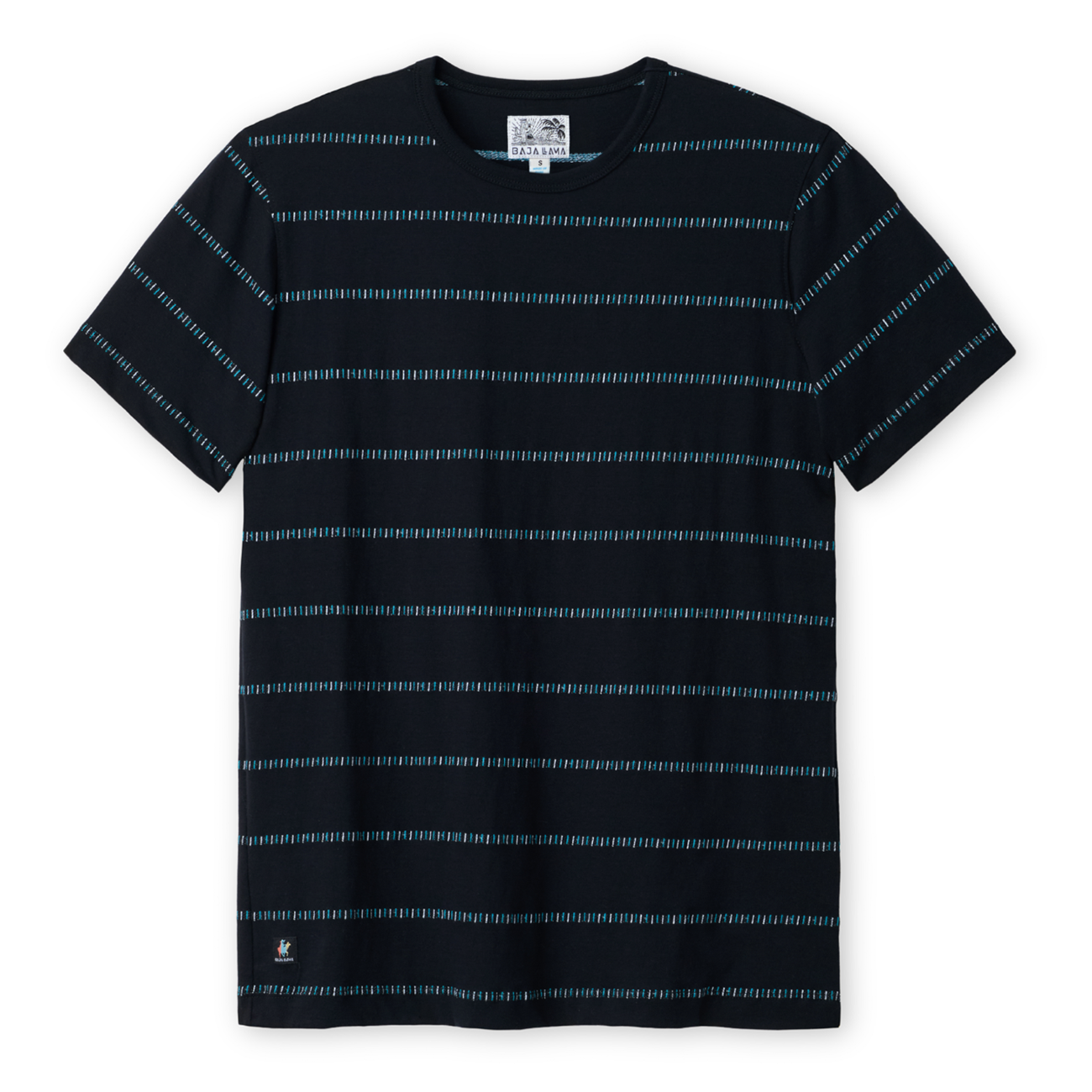 Black and turquoise striped t-shirt on a white background
