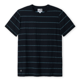 Black and turquoise striped t-shirt on a white background