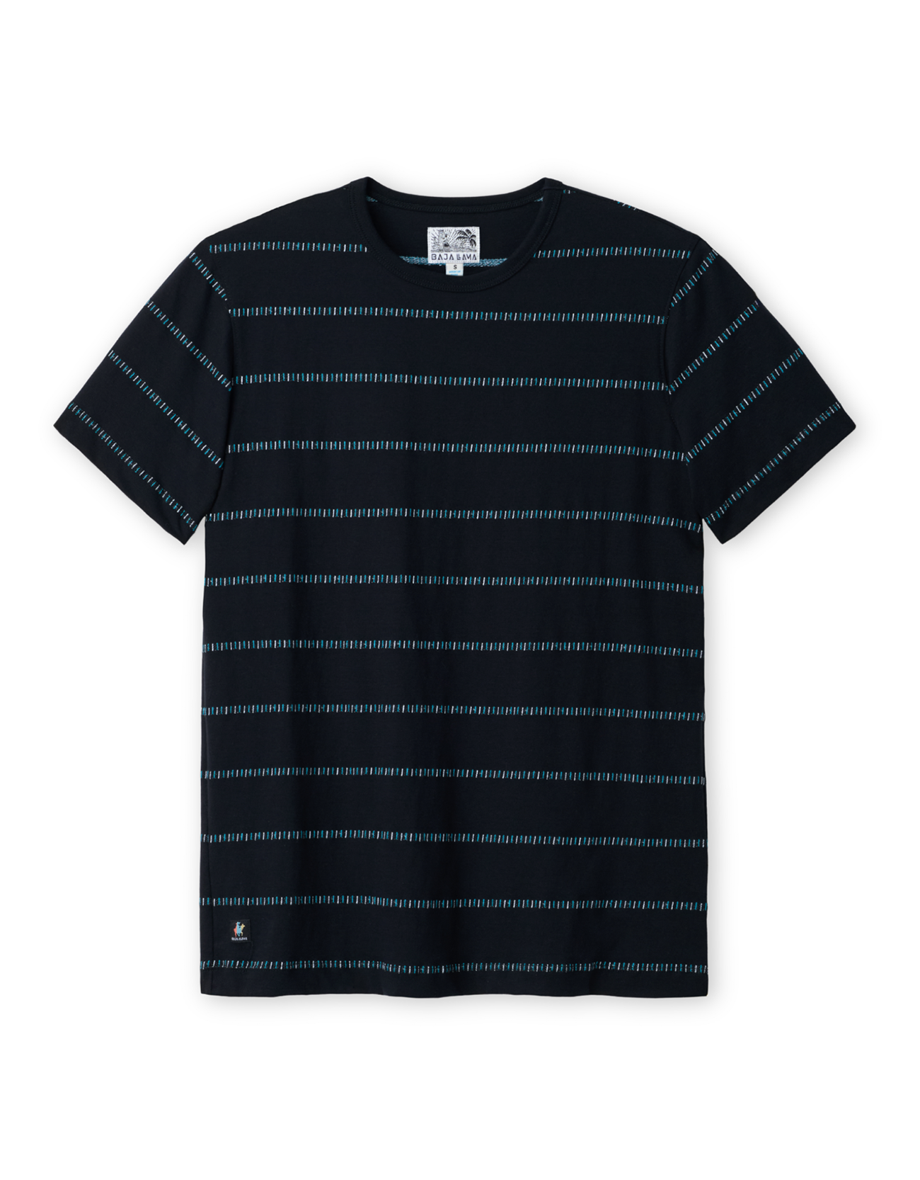 Black and turquoise striped t-shirt on a white background