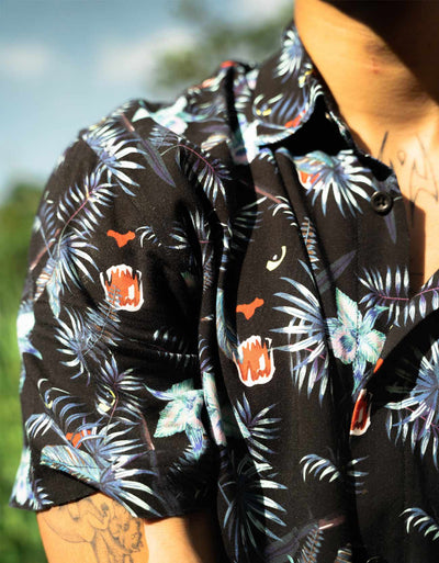 Baja Llama black panther floral print viscose men's button up shirt