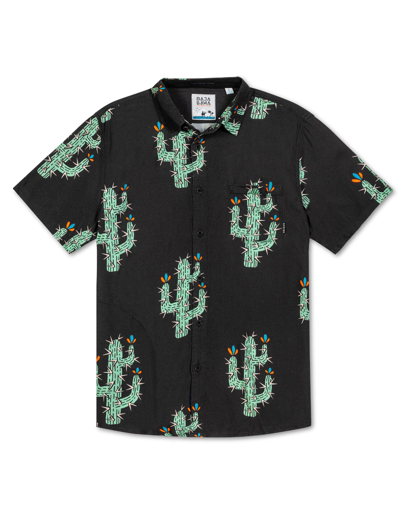 Black button up shirt with bright green cactus print and side zipper pocket