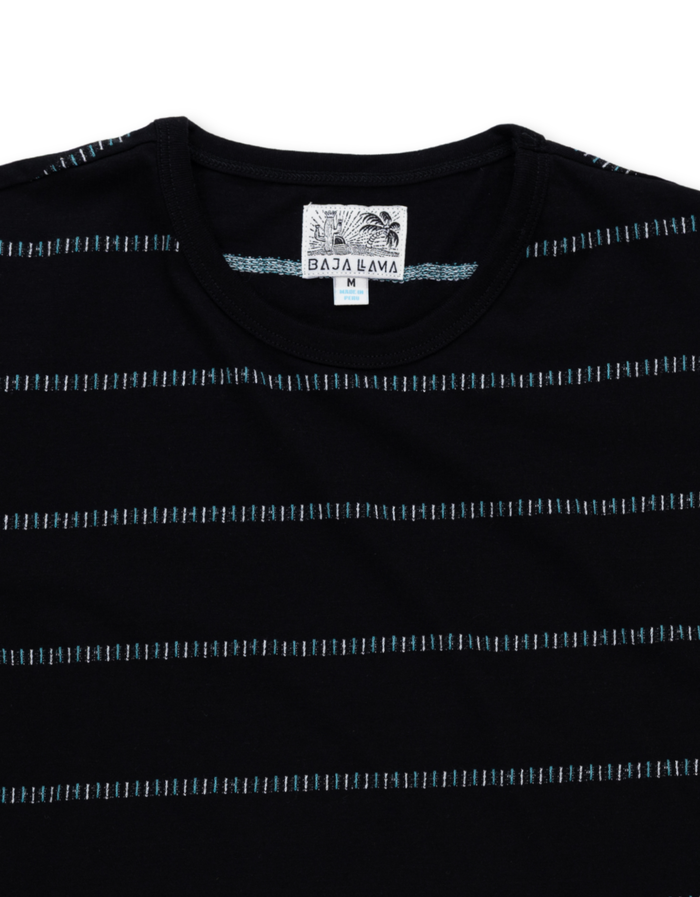 Black t-shirt with blue stripes and a visible brand label on a white background