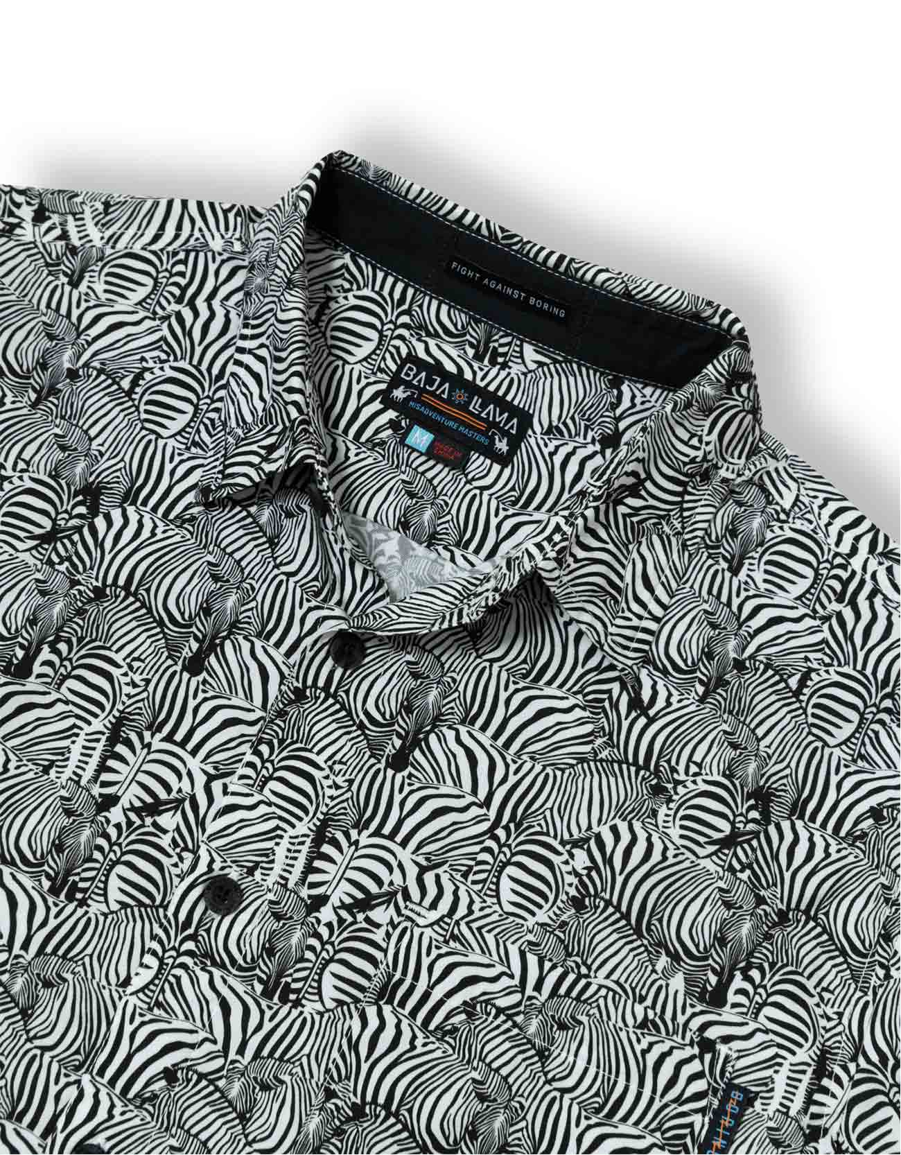 Black button up with subtle zebra stripe print and side pocket