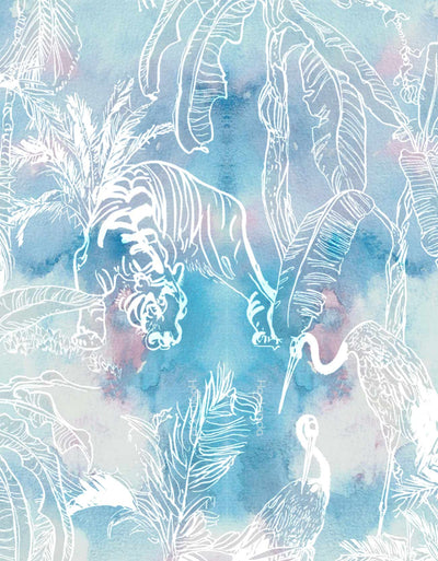 Blue and white tie dye-inspired with incognito jungle print featuring tiger and stork in white.