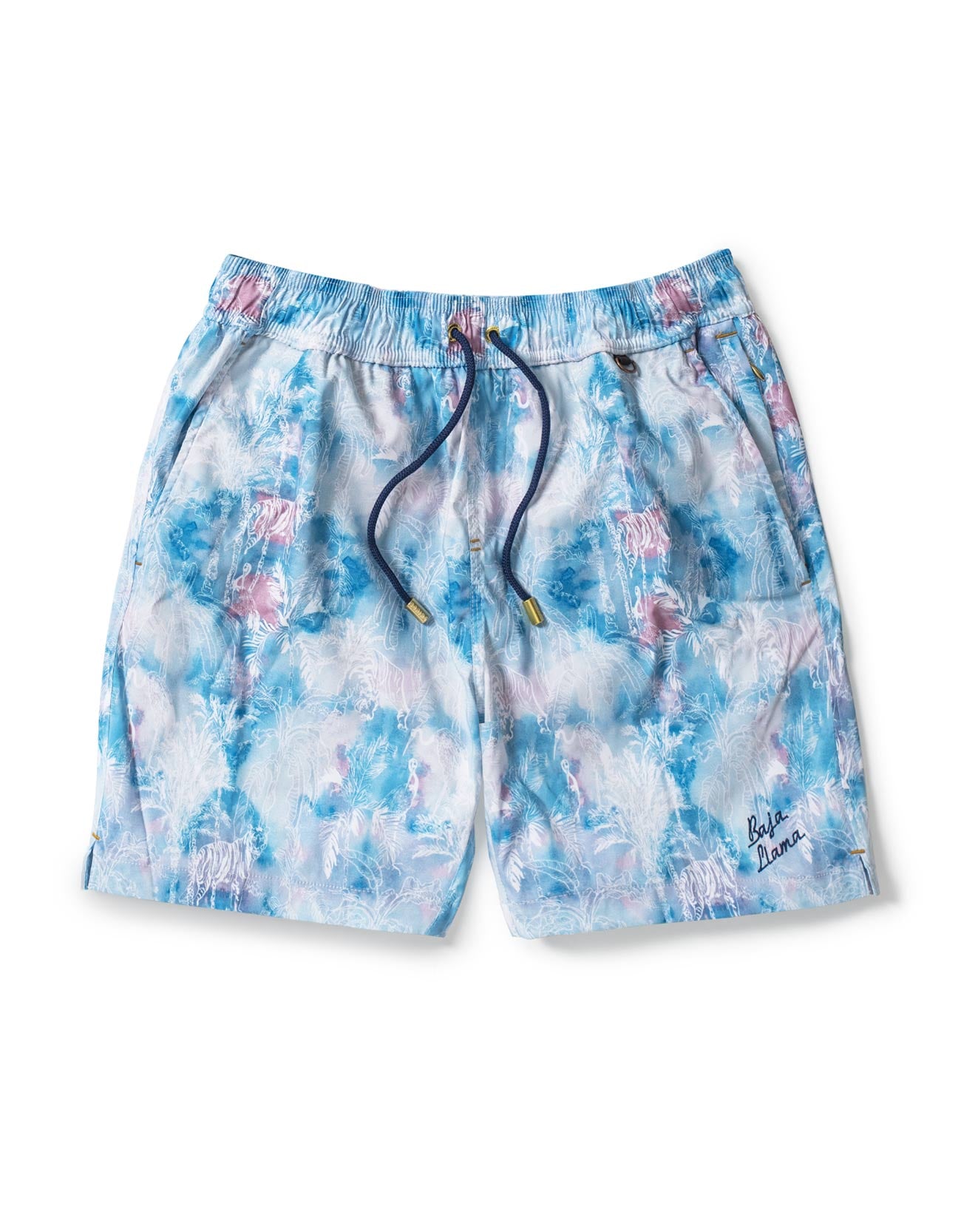 Blue and white tie dye-inspired with incognito jungle print featuring tiger and stork in white.