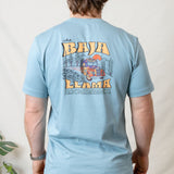 Bus Experience graphic tee by Baja Llama. Light teal tee with a retro bus design. Soft fabric and relaxed fit, perfect for laid-back, adventurous style.