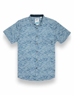 Blue button up shirt with wave print and hidden side zipper pocket