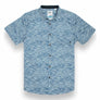 Blue button up shirt with wave print and hidden side zipper pocket
