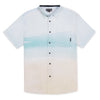 Light blue watercolor gradient button up featuring Bahamas's sandy pink beaches 