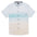 Light blue watercolor gradient button up featuring Bahamas's sandy pink beaches 