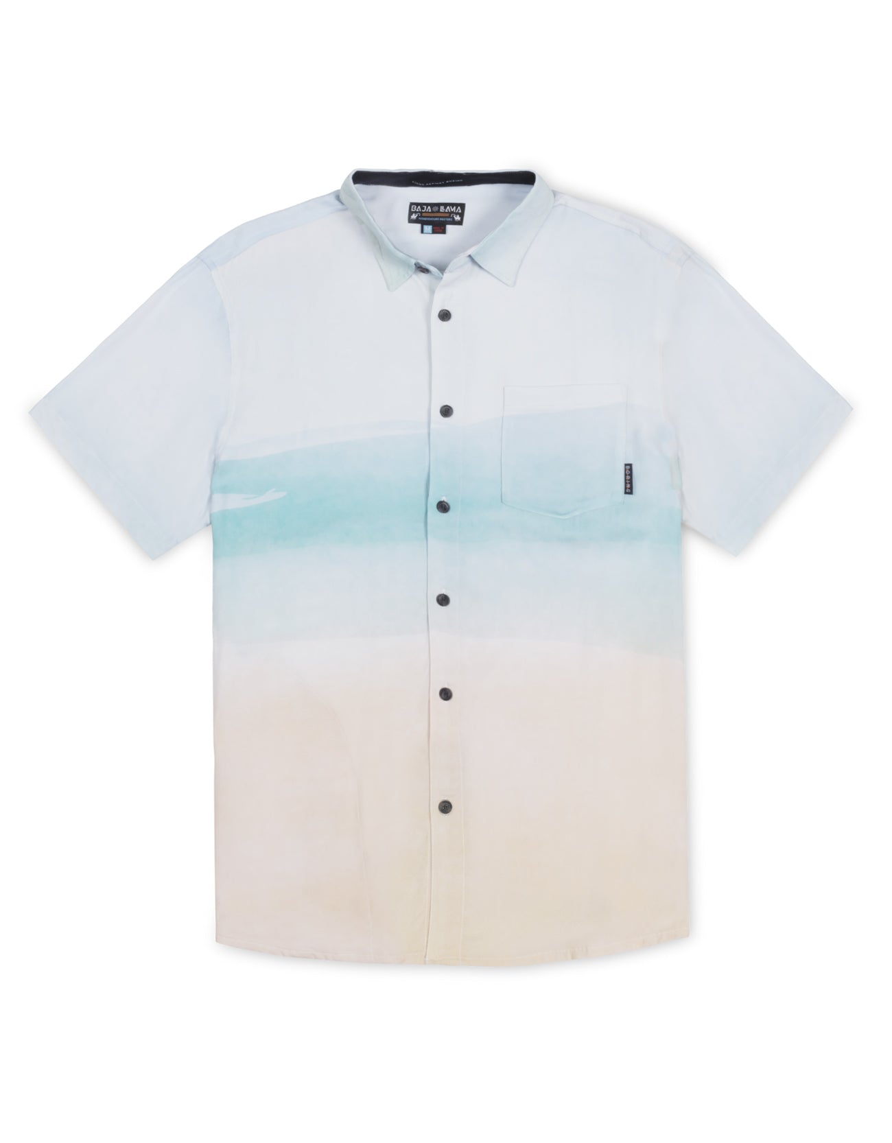 Light blue watercolor gradient button up featuring Bahamas's sandy pink beaches 