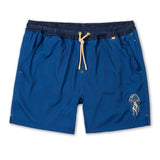 Blue mens volley shorts featuring a patterned print and embroidered jellyfish logo