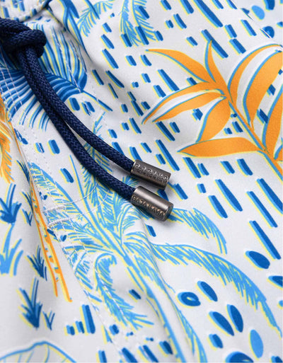 Blue, white and orange palm tree print quick-dry men's volley shorts.