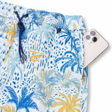 Blue, white and orange palm tree print quick-dry men's volley shorts.