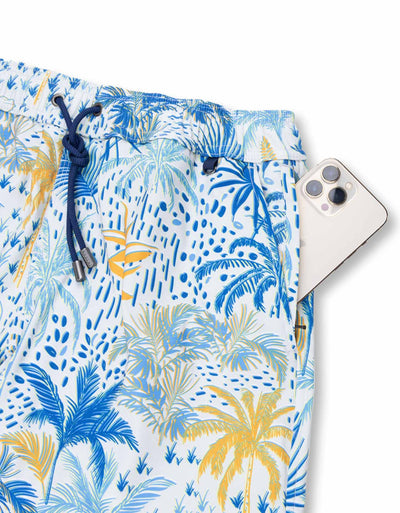 Blue, white and orange palm tree print quick-dry men's volley shorts.