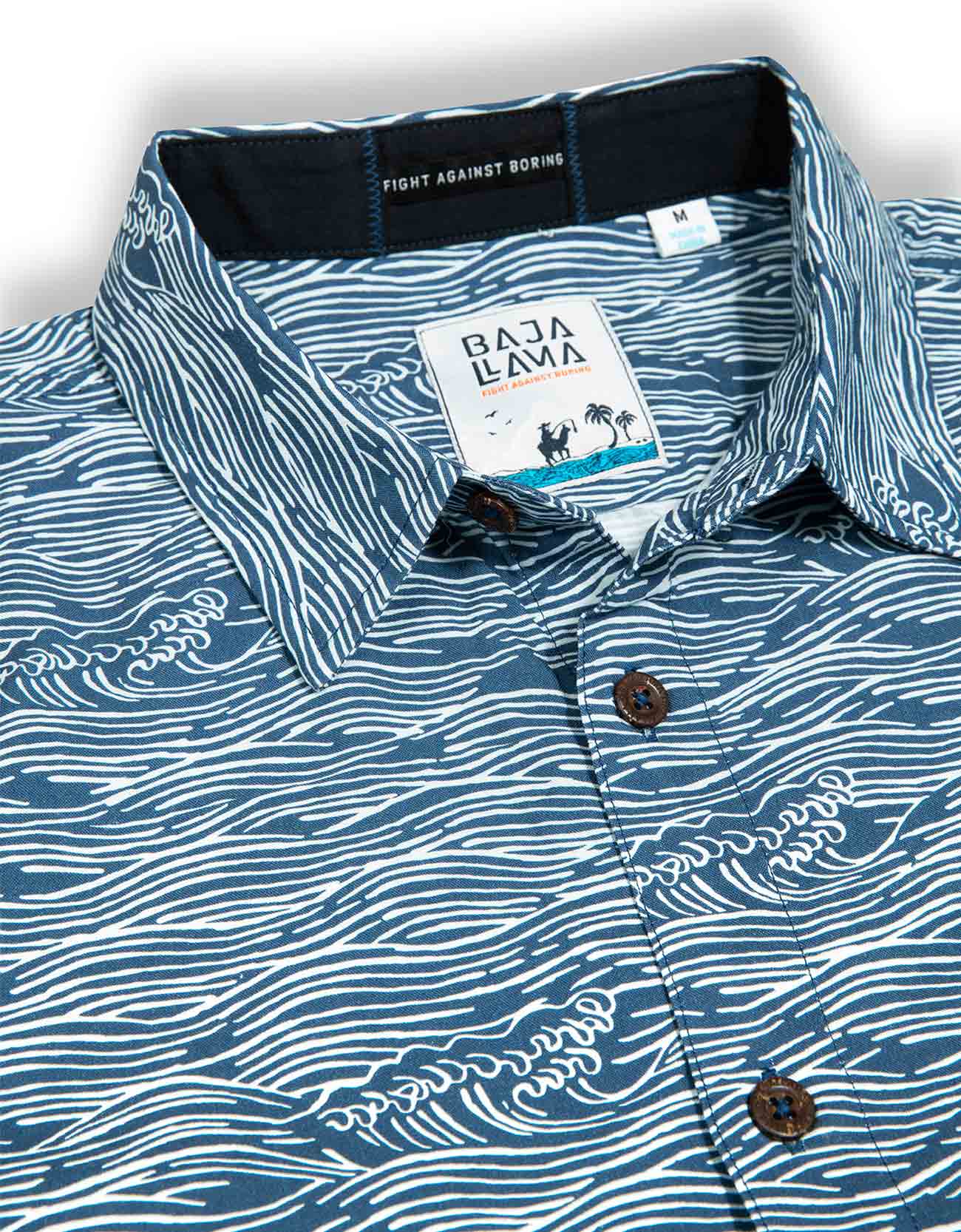 Blue button up shirt with wave print and hidden side zipper pocket