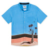Blue retro style button up with cactus and palm tree digital print