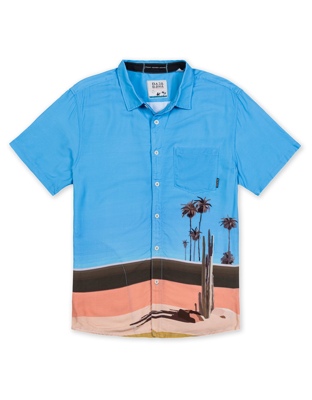 Blue retro style button up with cactus and palm tree digital print