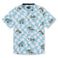 Light Blue checkered button up shirt with psychedelic mushroom print in rainbow colors