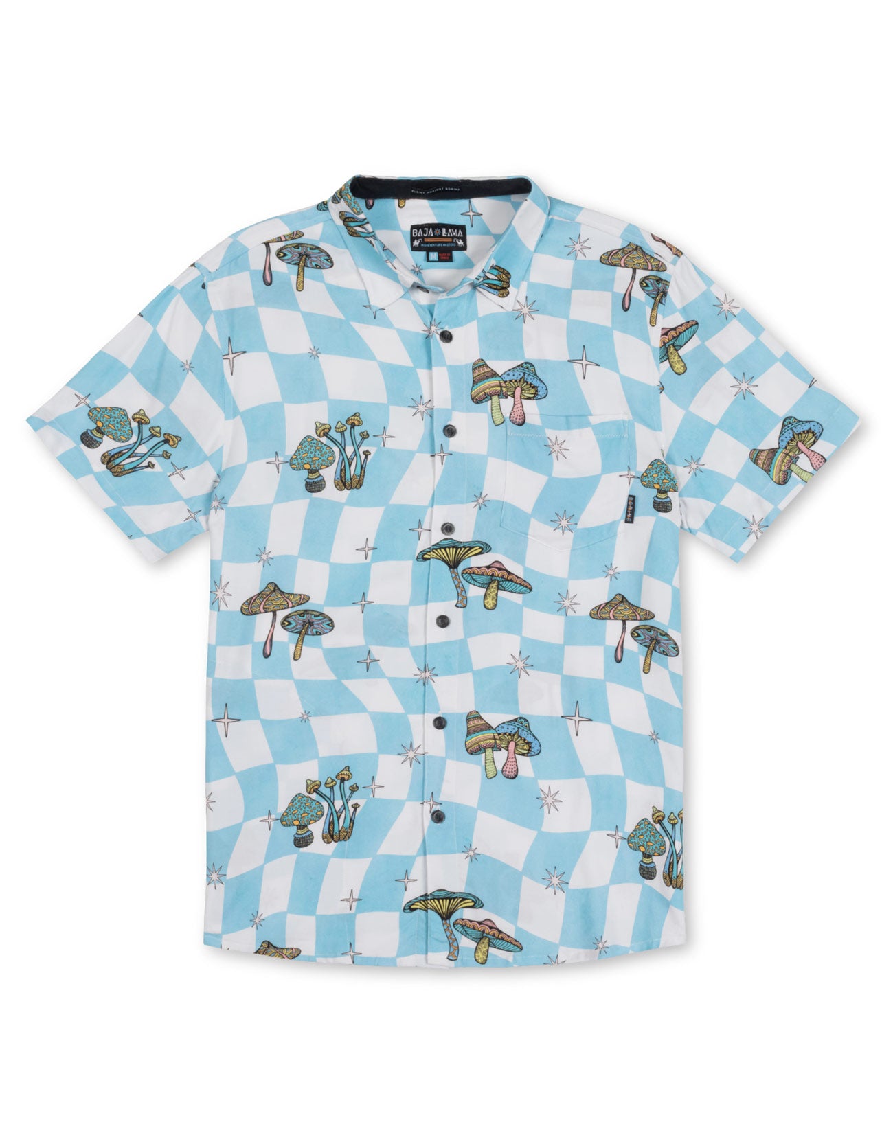 Light Blue checkered button up shirt with psychedelic mushroom print in rainbow colors