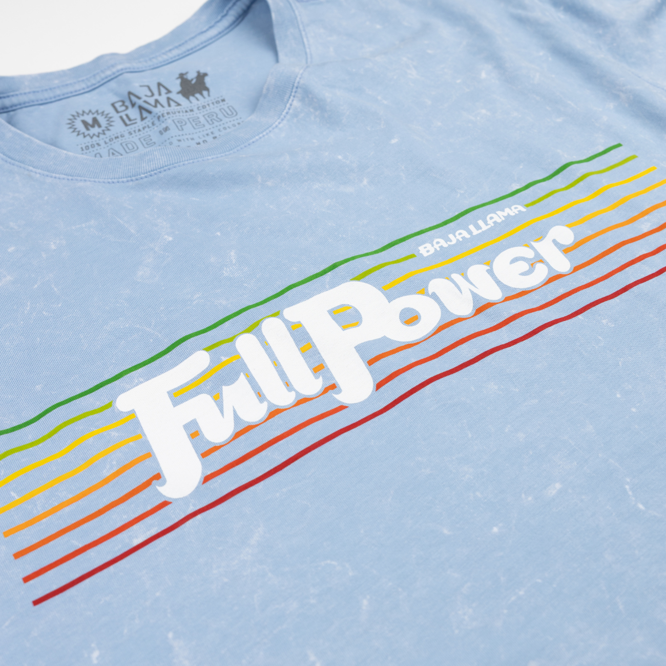 Men’s vintage-washed blue graphic t-shirt with ‘Full Power’ retro typography and colorful striped design. Soft cotton, casual fit, and perfect for everyday wear. Baja Llama adventure-inspired apparel.