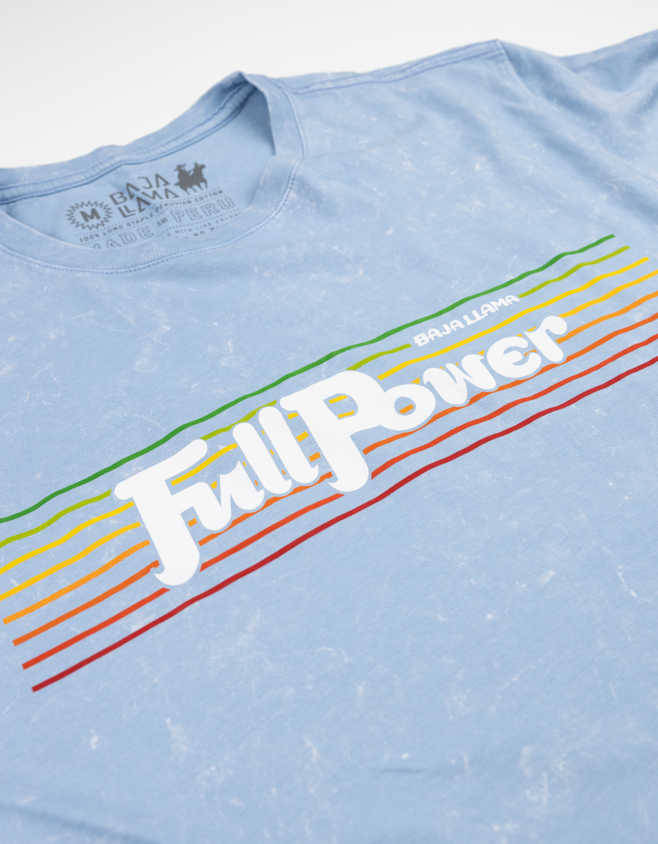 Men’s vintage-washed blue graphic t-shirt with ‘Full Power’ retro typography and colorful striped design. Soft cotton, casual fit, and perfect for everyday wear. Baja Llama adventure-inspired apparel.