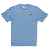 Happy Dandes slub pima pocket tee by Baja Llama. Blue tee with playful dandelion design peeking out of the front pocket. Soft, premium fabric with a relaxed fit.