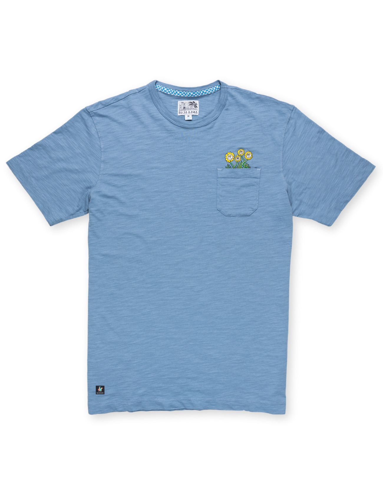 Happy Dandes slub pima pocket tee by Baja Llama. Blue tee with playful dandelion design peeking out of the front pocket. Soft, premium fabric with a relaxed fit.