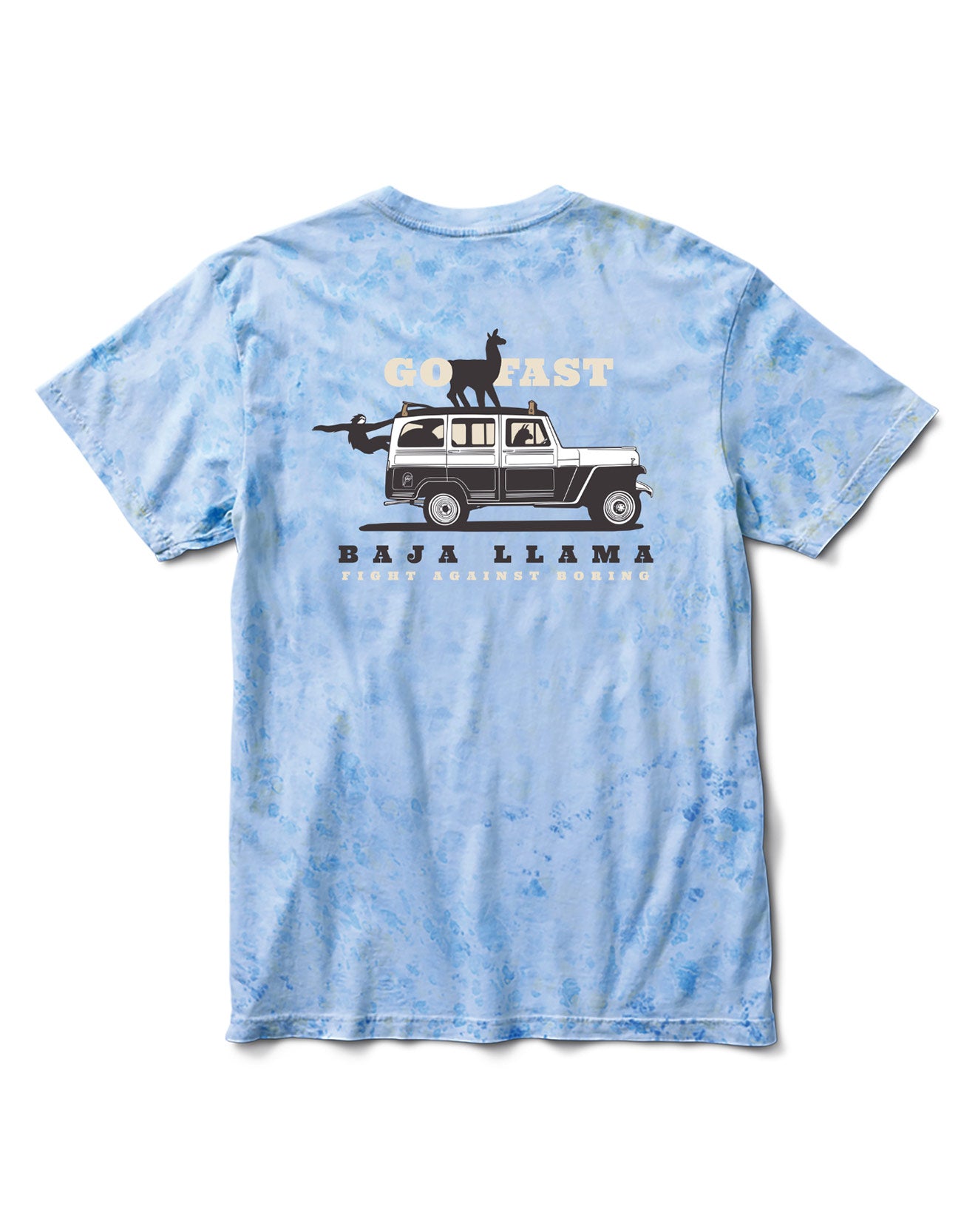 Baja Llama blue tie dyed 100% Peruvian cotton shirt - Go Fast Road Trip print.