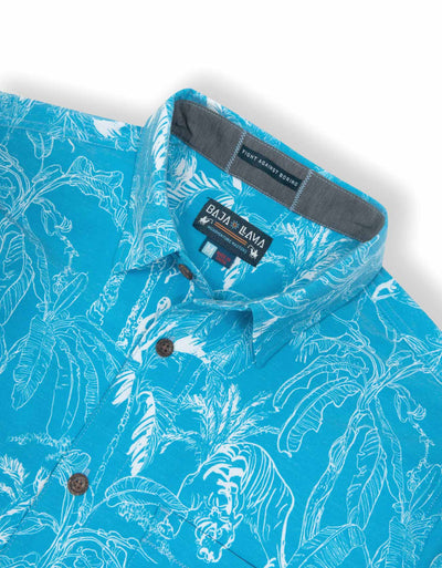 Baja Llama Blue And White Tropical Print Recycled Poly stretch short sleeve button up shirt